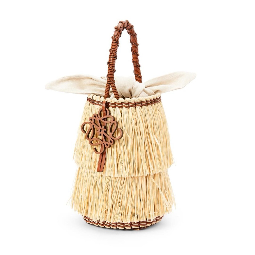 Loewe Double Fringe Raffia Bolso Frayed Bucket Bag hand woven straw and leather